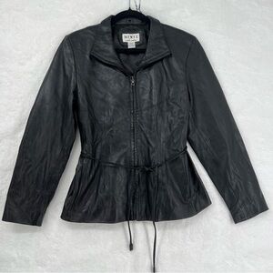 Vintage Mixit women Med black lambskin leather jacket zip front pocket waist tie